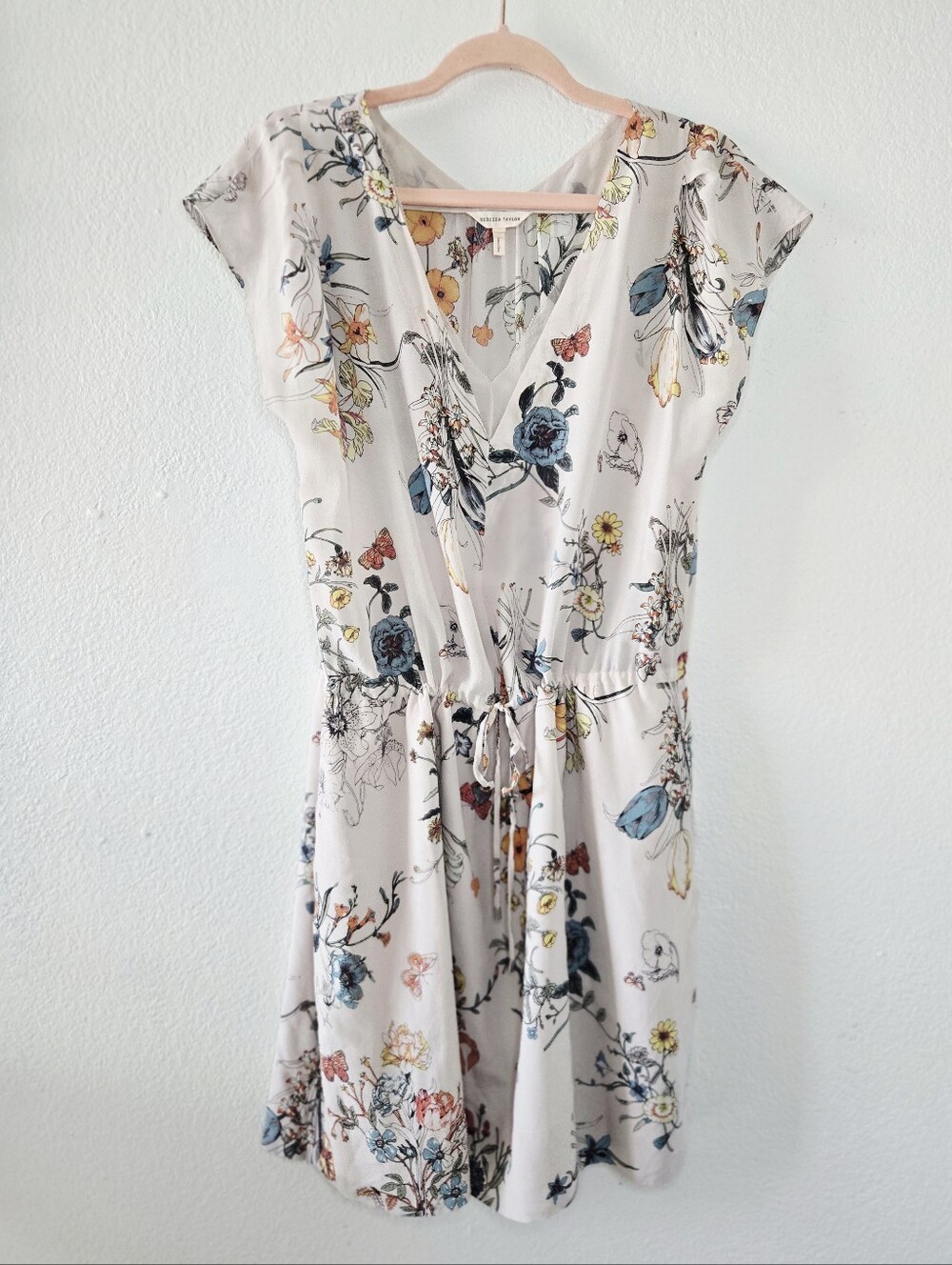 Rebecca Taylor 100% Silk Floral V-Neck Drawstring Waist Dress  Pockets Cream
